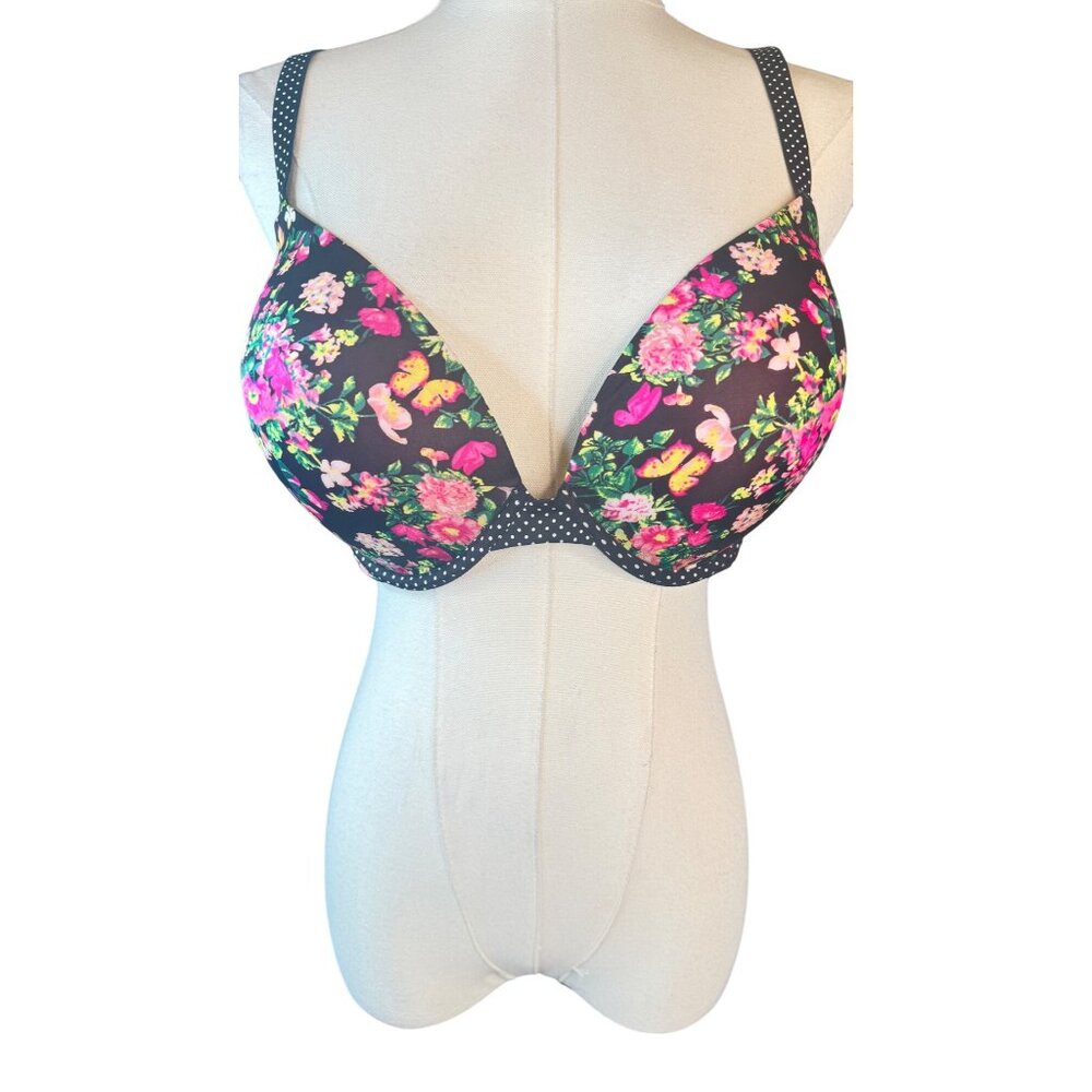 2/$30 Victorias Secret 36DD Floral Push-Up Bra Dainty Black Pink & Green Flowers